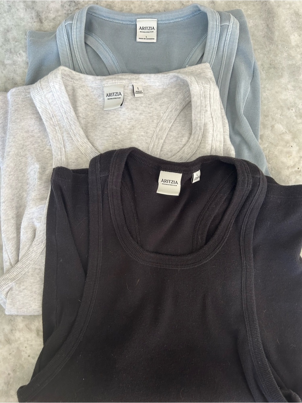Set of 3 Aritzia Ribbed Tank Trio - Black, Light Gray, Dusty Blue